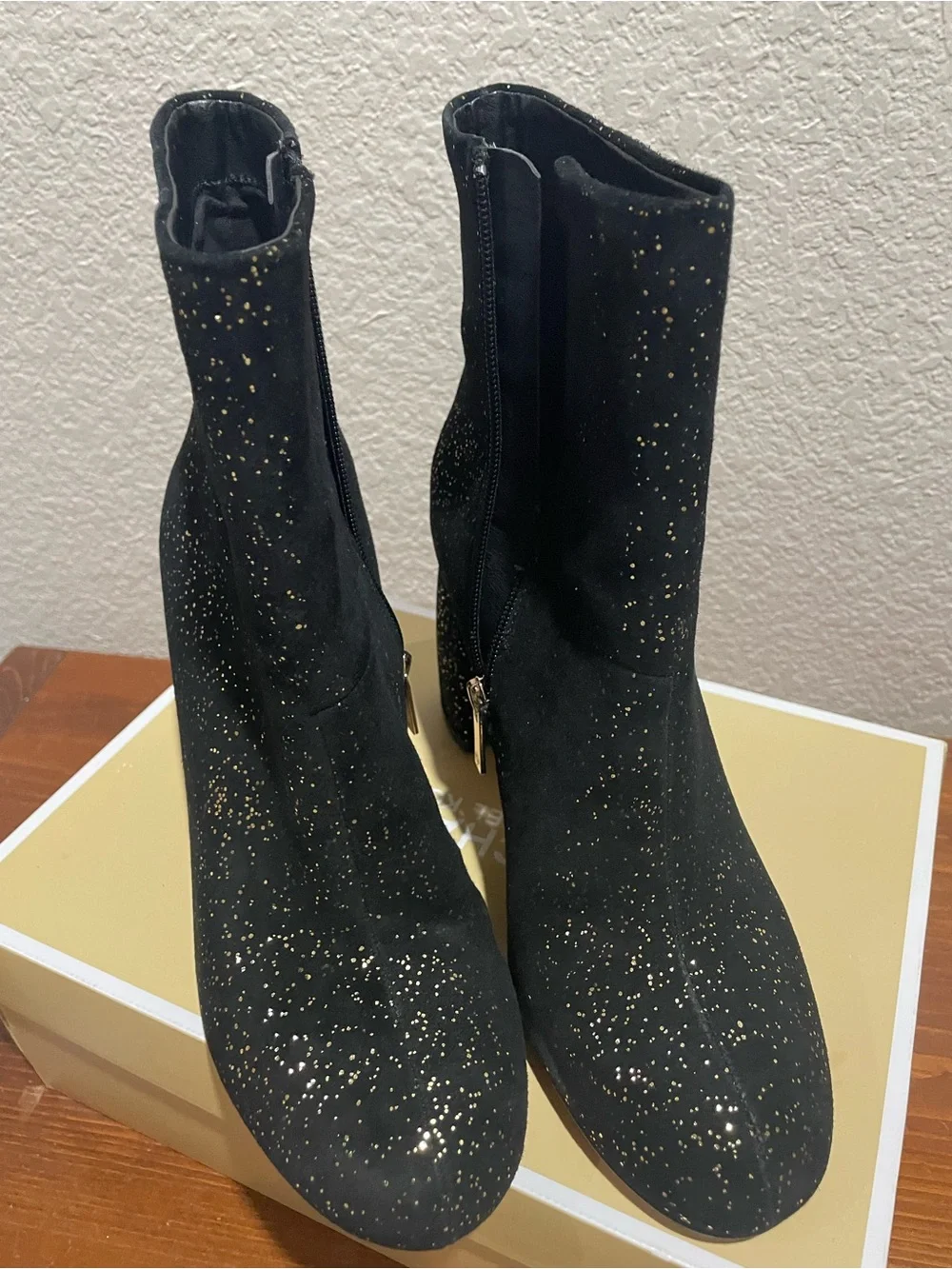 Nanette Baby Black Suede Ankle Boots with Gold Sparkle